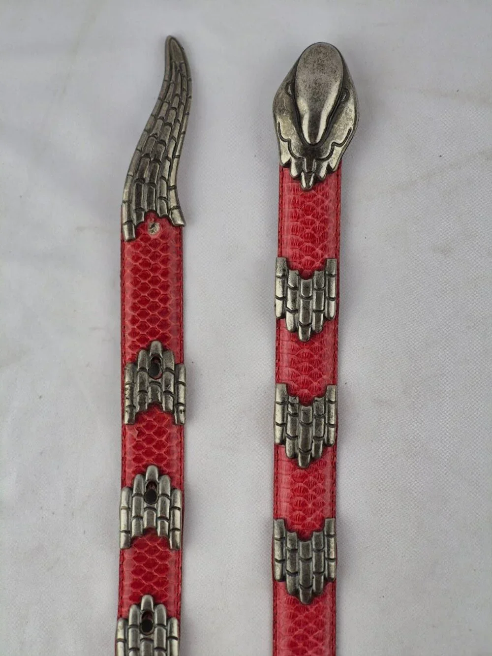 Vintage Morgan Taylor Red Snakeskin Belt Silver-Tone Metal Snake Head & Tail Med